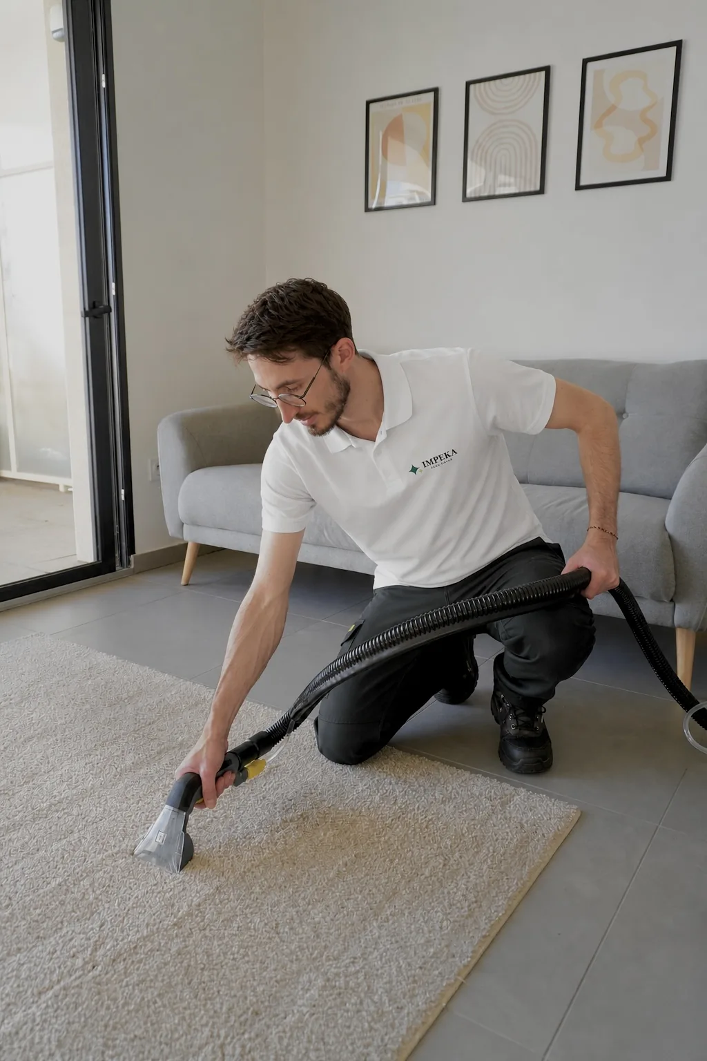 Intervenant Impeka nettoie un tapis de salon à l'injecteur-extracteur au domicile du client