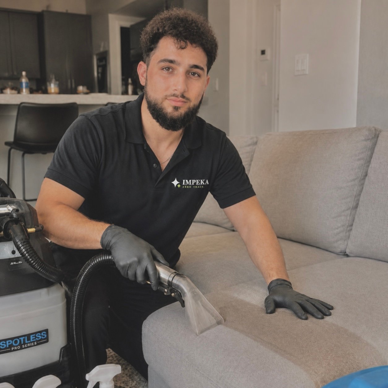 Agent Impeka nettoyant un canapé en tissu à domicile à Paris avec un injecteur-extracteur