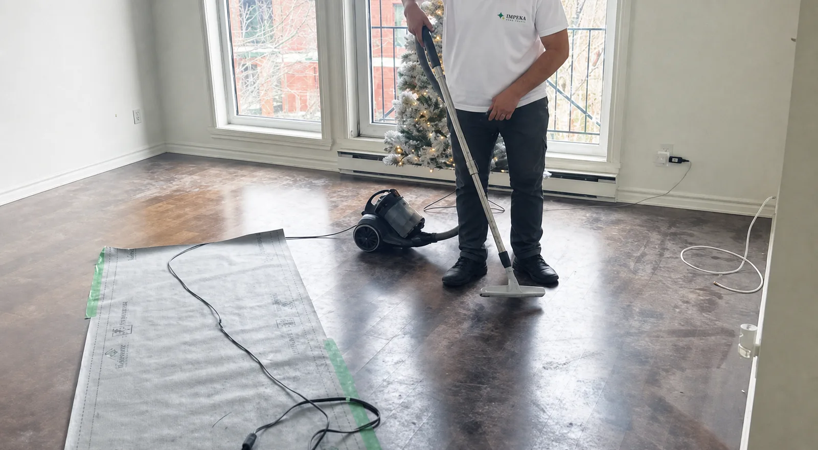 Intervenant Impeka aspirant un sol après travaux, protections encore en place