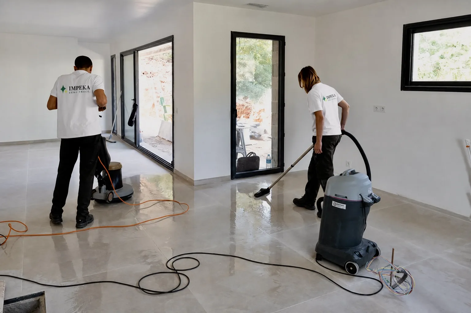 Agent Impeka en polo logoté nettoie le sol d'une maison à la monobrosse